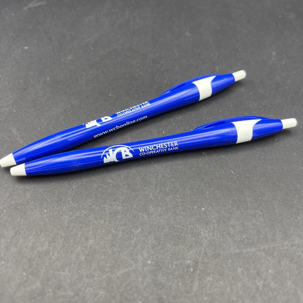 (2) WCB Winchester Co-operative Bank Pens Black Ink Snow Panther ballpoint Promo